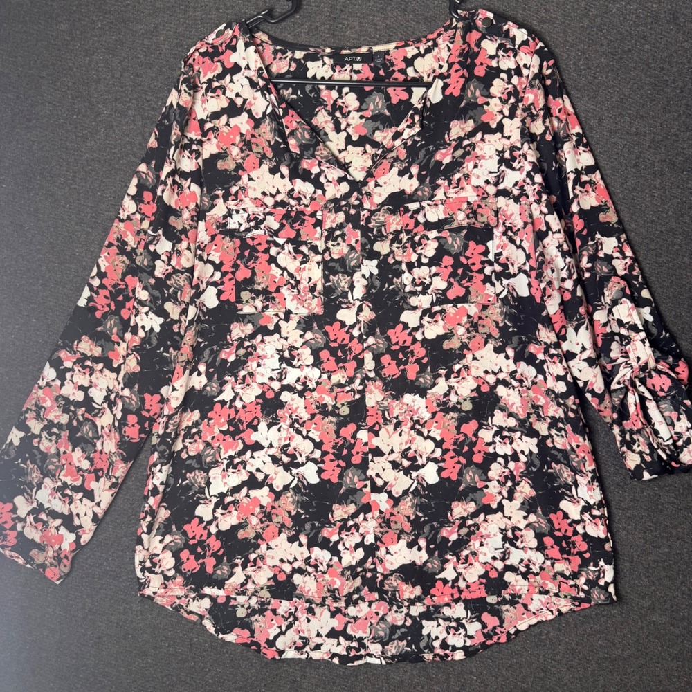Womens‎ L Floral Roll Tab Sleeve Blouse Pink Black V-Neck Top sheer lightweight